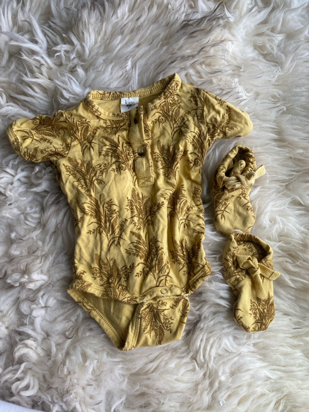 Kate Quinn Bamboo | Onesie + Booties | Yellow Botanical | 0-3m